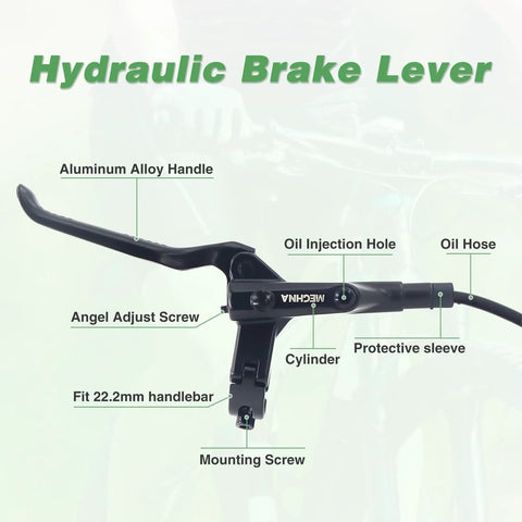 Side view of MTB hydraulic brake lever with aluminum alloy handle and oil hose with protective sleeve.