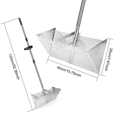 Beach Sand Rake Set With Detachable 52 Inch Handle And 16 Inch Mesh Screen, stainless steel sifter and dimensions displayed.