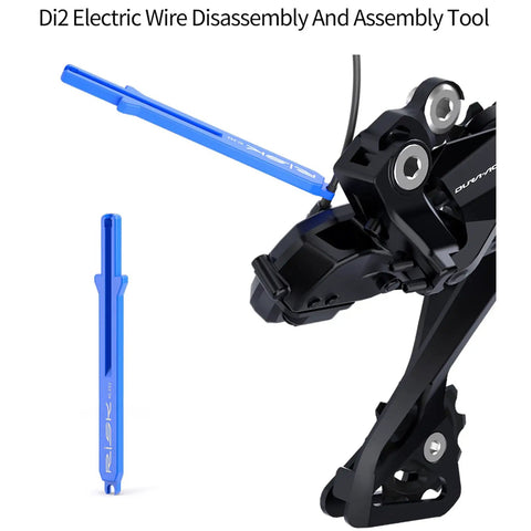 ETube Di2 Plug Cable Tool For Shimano Di2 12Speed SD300 Cables in use and standing view next to a bike component