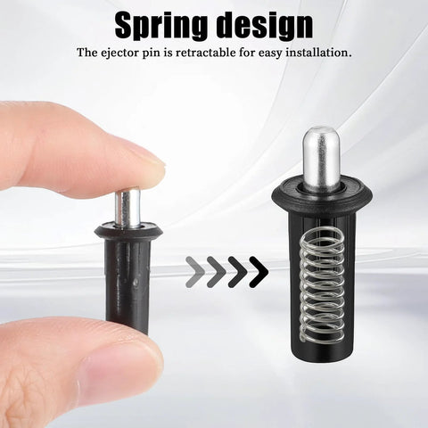 8 Piece Black Metal Cabinet Door Damper Pins Spring Loaded Telescopic Pivot Pins For Cabinet Doors And Shutters Furniture Repair And Maintenance Kit For Quick Home Repairs product showing spring design and retractable pin with hand holding a pin