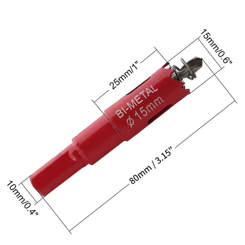 Heavy Duty Bi-Metal Hole Saw 0.6 Inch Diameter with 1 Inch Cutting Depth and Triangular Handle, red and silver design