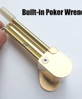 Close-up of brass portable all-in-one tool with poker and storage tube, CNC machined precision multitool for DIYers made in Hawaii.