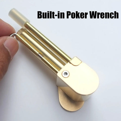 Close-up of brass portable all-in-one tool with poker and storage tube, CNC machined precision multitool for DIYers made in Hawaii.