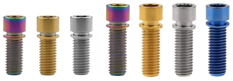 Straight Up Top Shelf Titanium Hex Head Screws 4 Piece Built Damn Tough For Mountain Bikes And Road Cycles Lightweight Heavy Duty Cycle Fastener Replacement Kit M8 X 25mm, assorted colors and sizes, shown from the side.