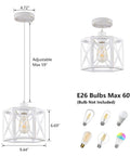 Farmhouse Pendant Lights 2 Pack With Rustic Distressed White Wood And Matte Black Metal Cage Adjustable Mini Pendant Lamps No Glass For Kitchen Island Dining Room And Entryway Dope Modern Farmhouse Look showcasing size, adjustable length, and bulb options.