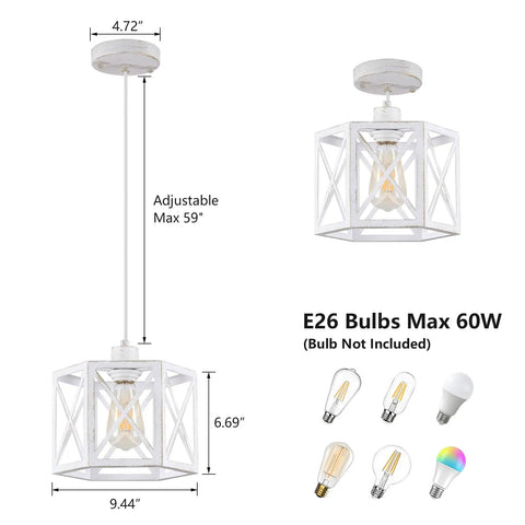 Farmhouse Pendant Lights 2 Pack With Rustic Distressed White Wood And Matte Black Metal Cage Adjustable Mini Pendant Lamps No Glass For Kitchen Island Dining Room And Entryway Dope Modern Farmhouse Look showcasing size, adjustable length, and bulb options.