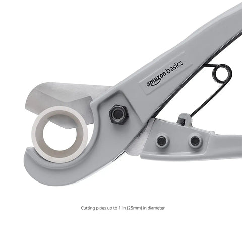 Close-up of Rugged PEX Pipe Cutter For One Eighth To One Inch Tubing showing stainless steel blade and aluminum body.