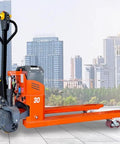 Heavy Duty Electric Pallet Jack With 6600 lbs Capacity And 48V Removable Lithium Battery, orange pallet truck for indoor use.
