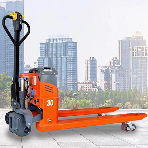 Heavy Duty Electric Pallet Jack With Integrated Digital Scale And Removable Lithium Battery For Slick Warehouse Cruising And Heavy Lifting Without The Sweat 6600 Lb Capacity Motorized Lift Truck in urban setting.