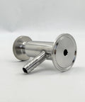 Geife sanitary 1.5-in tri-clamp sample tap valve, angled front view, SS304 stainless with EPDM seal and 1/2-in barb OD