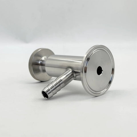Geife sanitary 1.5-in tri-clamp sample tap valve, angled front view, SS304 stainless with EPDM seal and 1/2-in barb OD