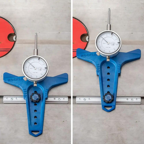 Table Saw Alignment Gauge With Precision Dial Indicator For Perfect Parallel Cuts shown in blue with aluminum miter bar.