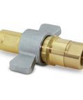 Side view of 3/4 in NPT wet-line hydraulic quick-disconnect coupler with brass fittings and gray metallic body