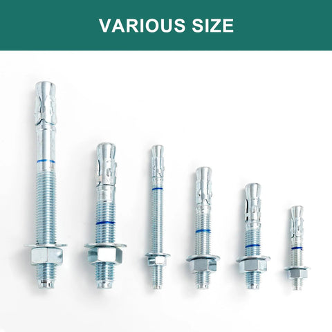 Various sizes of zinc-plated concrete wedge anchor bolts shown, including Three Eighths Inch By Five Inches Concrete Wedge Anchors Bolts Zinc Plated 25 Pack Heavy Duty Carbon Steel Masonry Anchors For Secure Mounting In Concrete And Structural Installations.