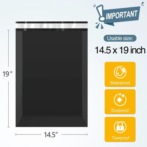 Self Seal Poly Mailers 14.5 X 19 Inch 100 Pack Tearproof Shipping Bags For Clothes And Boutique Small Biz Durable Black Mailing Envelopes For Safe Quick Ship Packaging showing dimensions and features