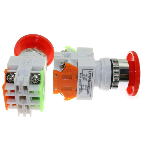 Emergency Stop Push Button Switch 660V 10A Red Mushroom Cap 1NO 1NC DPST Latching Self Lock 22mm Mount Hole duo.