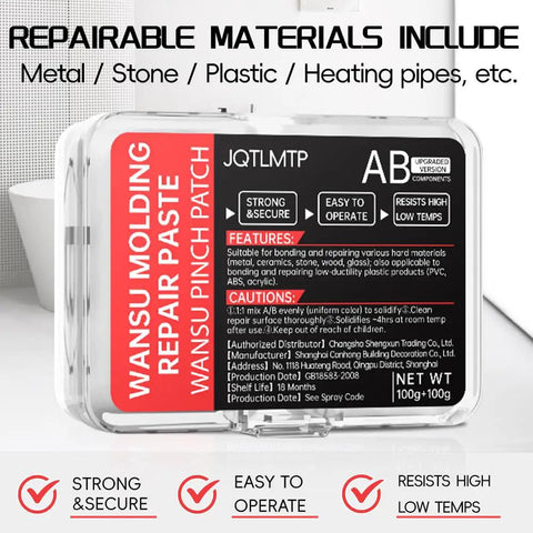 Heavy Duty Epoxy Putty 200g Two Component AB Kit package close-up, showcasing repair paste for metal, stone, plastic, with features.