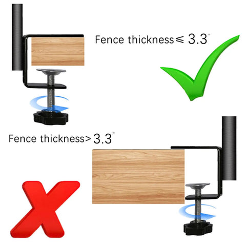 Image showing proper use of Dang Tough Deck String Light Poles Four Pack adjustable clamps on fences 3.3 inches thick or less.