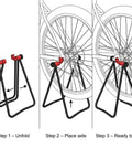 Image showing setup of Foldable Steel Bicycle Floor Stand 2 Pack For Road, MTB And Hybrid Bikes, Stable Repair And Storage Rack For Home Garage