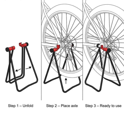 Image showing setup of Foldable Steel Bicycle Floor Stand 2 Pack For Road, MTB And Hybrid Bikes, Stable Repair And Storage Rack For Home Garage
