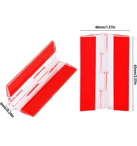 Premium Self Adhesive Acrylic Hinges For Cabinets Drawers Transparent Continuous Folding Hardware Craft Display Tool Sweet Grip Rock Solid Build Mini Heavy Duty Snap On Design For Home Workshops shown with red backing and dimensions 2.55 x 1.57 in.