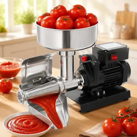 Heavy Duty Electric Tomato Sauce Maker And Fruit Strainer with stainless steel funnel, tomatoes, and tomato puree on a wooden counter.