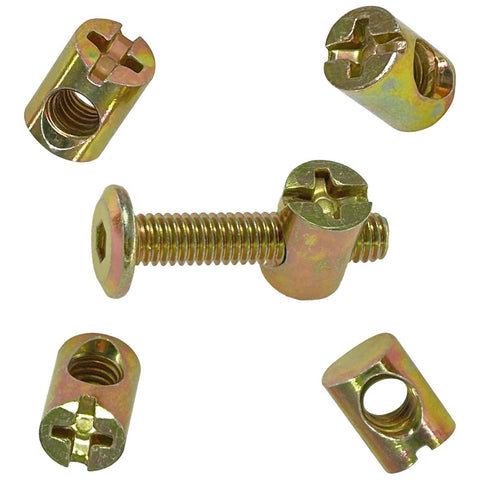 Premium Heavy Duty M6 Slotted Barrel Nuts 10x13mm Gold Cross Dowel Furniture Fasteners Replacement For Beds Cribs Chairs Kit of 10 pieces.