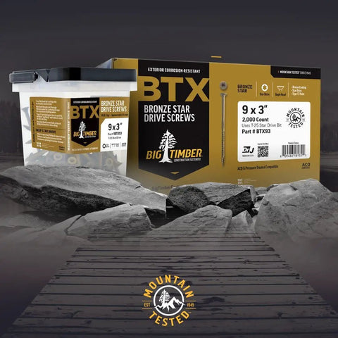 Packaging of 9x3 inch Bronze Star Exterior Wood Screws, 2000 Count, showcased on a rocky mountain background.