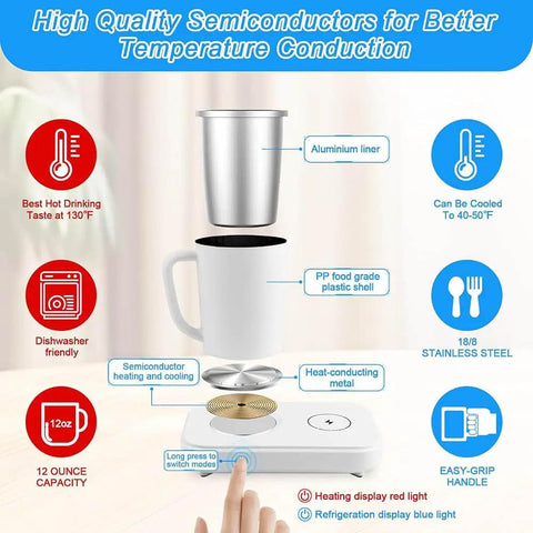 Dual Purpose Desktop Coffee Mug Warmer And Colder With 15W Fast Wireless Charging Pad For Travel Cups and Smooth Daily Grind Beverage Station features aluminum liner and 12oz capacity.