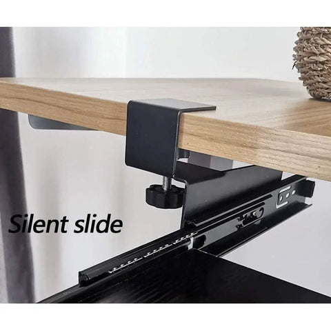 Slick Glide Under Desk Keyboard Tray With Smooth Pull Out Drawer Holds Mouse And Keyboard Ergonomic Sliding Extender close-up of steel bracket and glide rail.