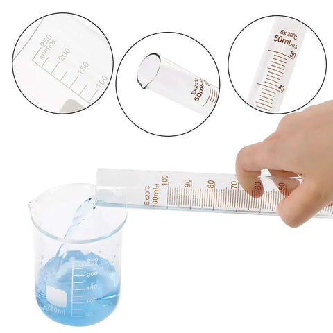 Hand pouring liquid using Glass Graduated Cylinder And Beaker Set For Lab Work, Borosilicate 3.3 Thick Glass, Acid And Alkali Resistant