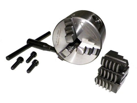Three Inch Three Jaw Self Centering Lathe Chuck MT2 Shank Rotating Triple Ball Bearing Built Tough From Hardened Carbon Steel For Stable Precise Workholding with accessories