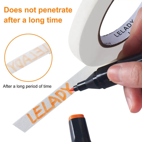 Half Inch Masking Tape 60 Yards Per Roll 12 Rolls White No Residue Painters Tape shown with marker writing on tape.