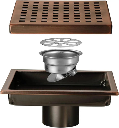 Heavy Duty Six Inch Square Shower Drain Crafted From Brushed Stainless Steel Featuring A Removable Hair Catcher Grate To Beat Clogs Keep Your Bathroom Floor Totally Legit Fresh And Look Damn Sick Daily, showing drain parts.
