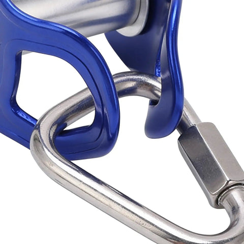Close-up of Heavy Duty Zip Line Pulley Kit With Smooth Glide Trolley showing metal carabiner and blue component for backyard fun.