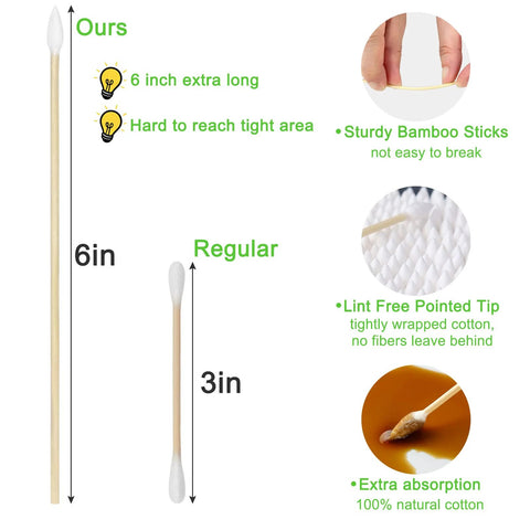 Eyxformula cotton swabs: two bamboo-stick swabs (6in extra-long pointed tip and 3in regular) with white cotton tips