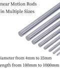 8mm By 450mm Linear Motion Rods Chrome Plated Shafts For Smooth Glide In 3D Printers And DIY CNC Projects Built Tough With Case Hardened 45 Steel Ultra Precise Ra0.05 To 0.08 And H8 Tolerance. Linear motion rods in multiple sizes, chrome plated steel shafts.