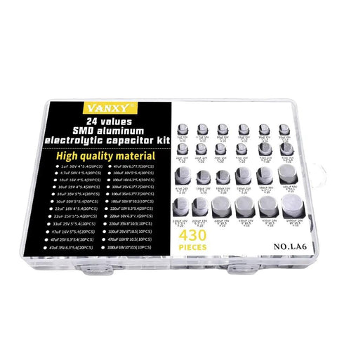 24 Values 430 Pcs SMD Aluminum Electrolytic Capacitors Assortment Kit With 10V 16V 25V 35V 50V Series in clear box