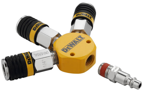3 Way Air Manifold With Plug And Universal Coupler Kit for Pneumatic Tools, yellow and silver preassembled air splitter, 300 Max PSI.