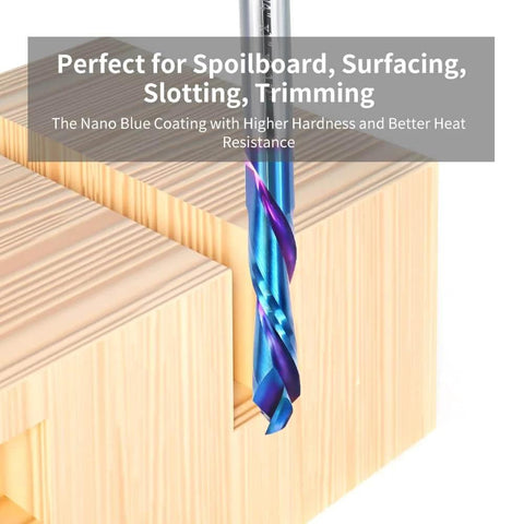 Up Down Cut Spiral Compression Router Bit With One Quarter Inch Shank And One Quarter Inch Cutting Diameter, One Inch Cutting Length, Two And A Half Inch Total Length, Solid Carbide Dope Nano Blue Coated For CNC Routers cutting wood