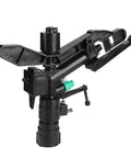 G1 Female Thread Adjustable Dual Nozzle Rocker Arm Sprinkler, black plastic, for lawn and garden irrigation, 30-360° rotation