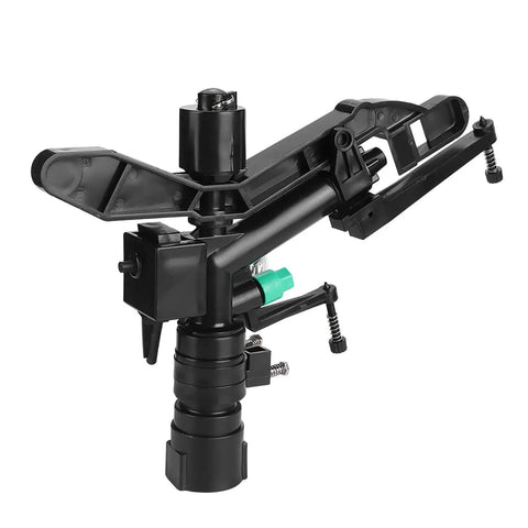G1 Female Thread Adjustable Dual Nozzle Rocker Arm Sprinkler, black plastic, for lawn and garden irrigation, 30-360° rotation