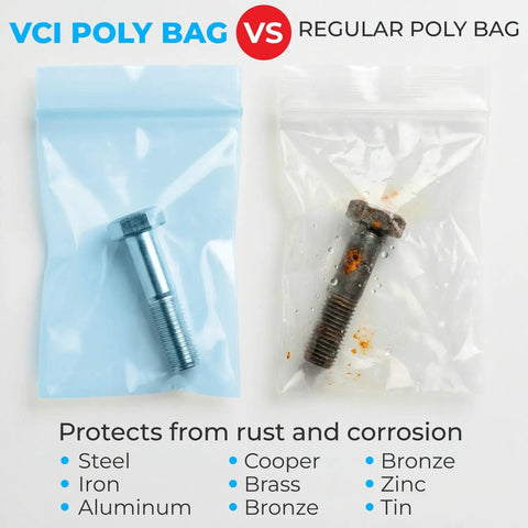 Heavy Duty Reclosable Poly Bags 8x10 Inches Pack of 15, 4 Mil Thick, Rustproof Shield With Vapor Corrosion Inhibitor, Fits Metal, Electronics, Machinery, Automotive Parts, Waterproof Packaging for Long-Lasting Protection, VCI vs regular bag