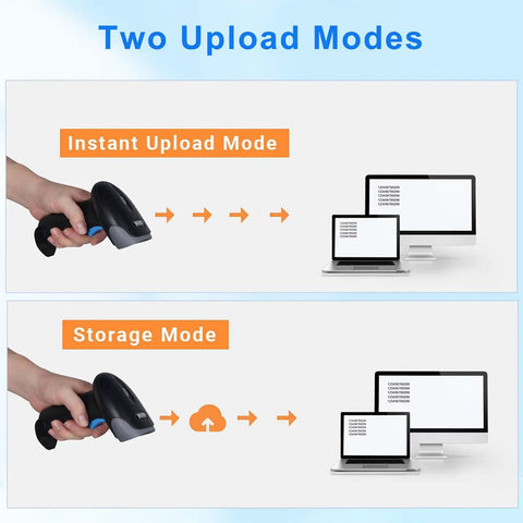 Wireless Handheld Barcode Scanner 1D 2D QR Reader With 2000mAh Battery showing instant upload and storage modes