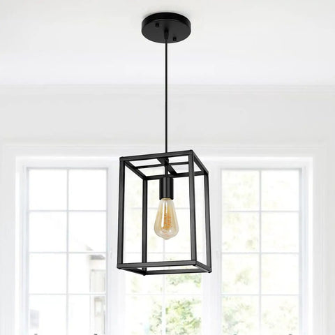 Industrial Black Pendant Light Fixture With Geometric Wire Cage, Retro Modern Loft Vibe Lantern For Kitchen Island And Dining Room