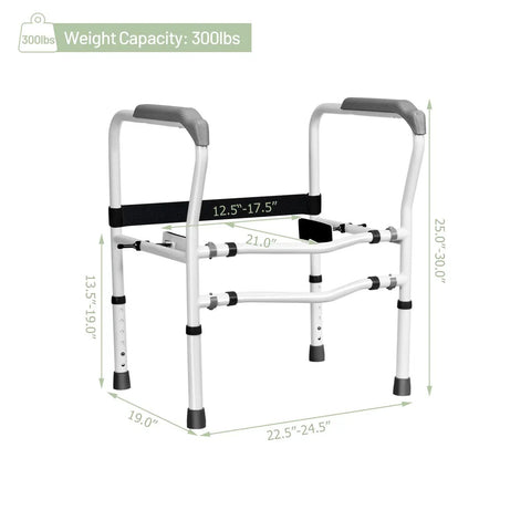 Heavy Duty Adjustable Toilet Safety Frame And Rail For Elderly Bathroom Assist with measurements 25 to 30 inches tall and 300 lbs capacity.