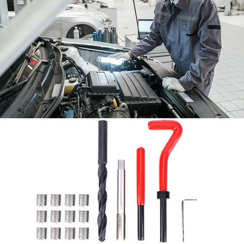 17 Piece Stainless Steel Thread Repair Kit with drill, tap, wrench, and inserts shown with industrial mechanic at car engine