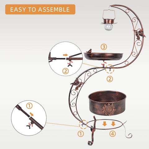 Outdoor Metal Standing Bird Bath With Solar Lamp Vintage Style Garden Birdbath Pedestal With Flower Planter 36 Inches Tall assembly steps