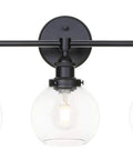 Three Light Industrial Black Vanity Light With Glass Shades For Bathroom And Kitchen Modern Wall Mount Vanity Fixture In Matte Black Finish Dope Rustic Farmhouse And Industrial Decor XB W1256 3 MB showcasing three clear glass globe shades.