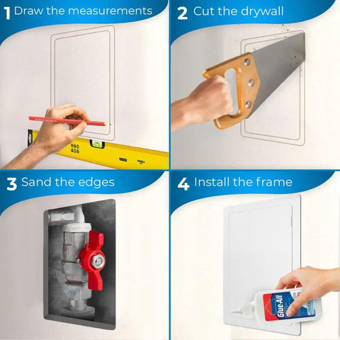 Step-by-step installation process for Top Notch Drywall Access Panel With Insulated Wall Hole Cover Heavy Duty Plastic Repair Patch.